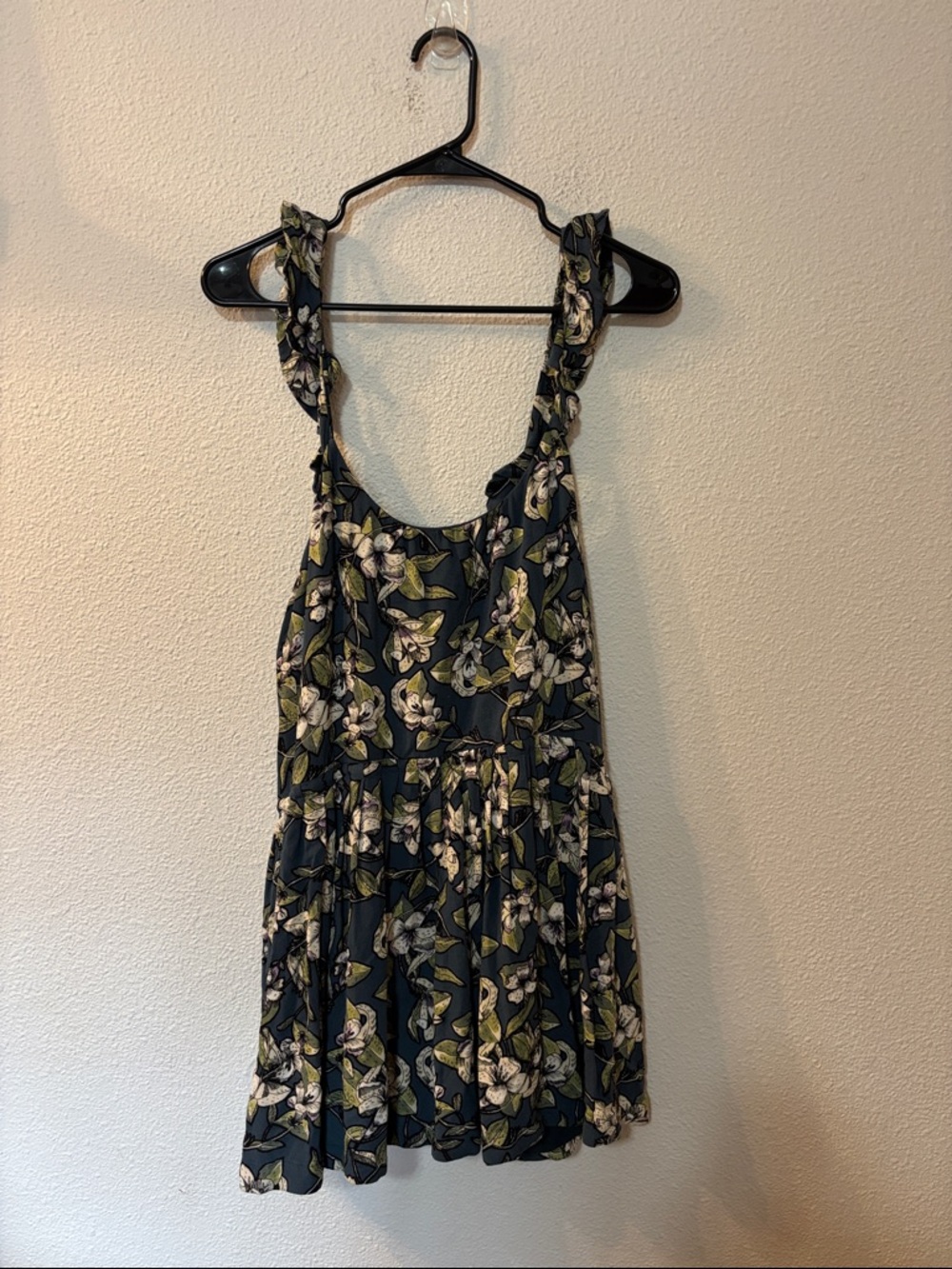 Free People Blue Floral Ruffle Mini Dress with Green Leaves